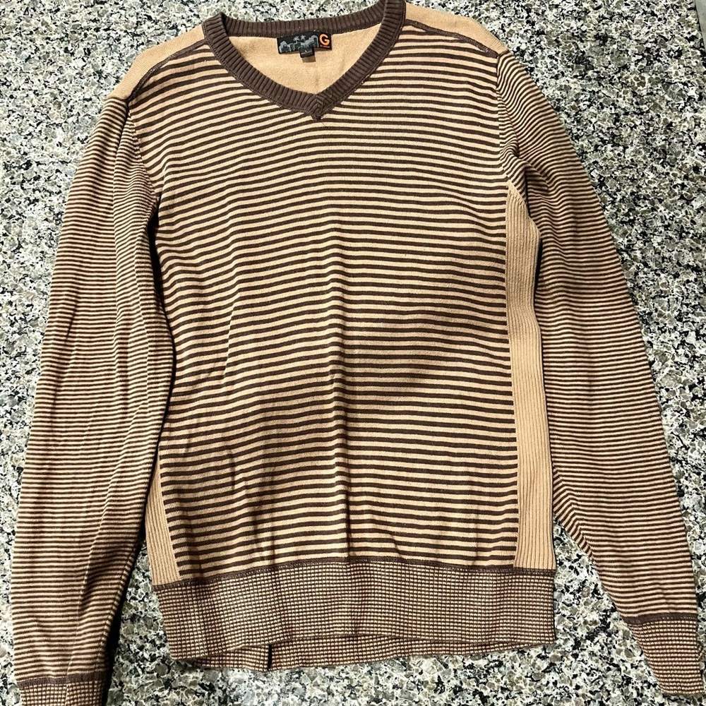 Guess Men's V-Neck Sweater in Brown Stripes